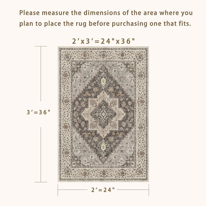 Tangsoo 2x3 Washable Rugs for Entryway, Vintage Non Slip Small Area Rug, Farmhouse Indoor Front Door Rug, Door Mat Small Carpet, Soft Low Pile Entry Rug for Entrance Kitchen Bedroom Grey/Multi
