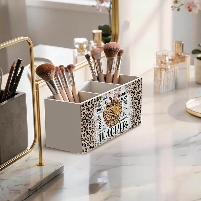 Leopard Print Teacher Wooden Pen Holder for Desk, Teacher Appreciation Gifts for Women, Educator Gifts Pencil Organizer Wooden Box Sign for School Office Classroom Decoration