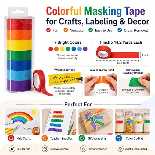 Colored Masking Tape 1 Inch, Colored Tape Rolls, Painters Tape for Kids, Colorful Tape for Crafts, Writable & Removable, 7 Colors in Clear Hanging Case.