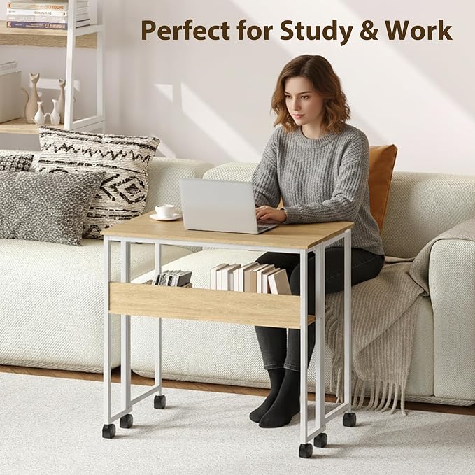 Folding Desk with Storage Shelf, 31.5 Inch Foldable Computer Table with Wheels for Small Spaces,Space Saving Sofa Table for Couch, Rolling Writing Work Office Computer Desk, Easy to Fold,Oak