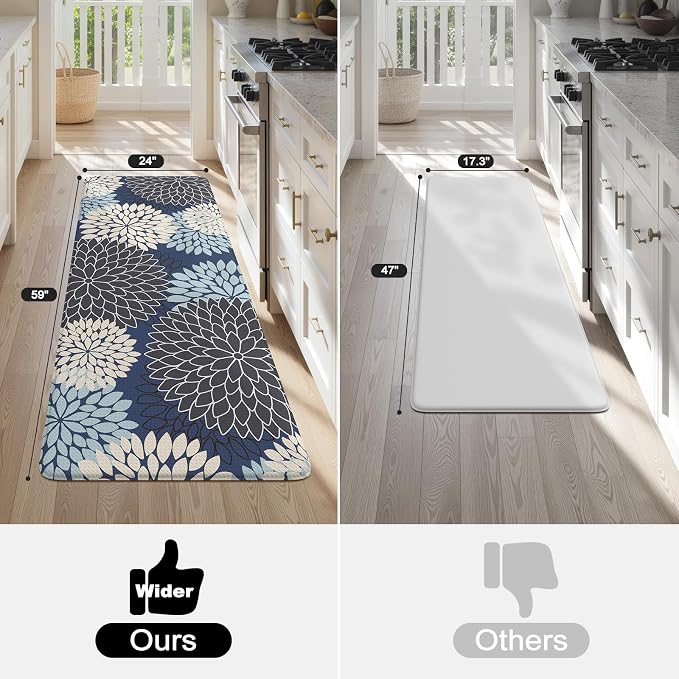 KIMODE Anti Fatigue Kitchen Mats for Floor Cushioned Kitchen Runner Rugs | 20"x59"Blue, Floral,Farmhouse,Waterproof Kitchen Mat ,Comfort Standing,Wipe Clean,Kitchen Runner Rug Laundry Sink Floor