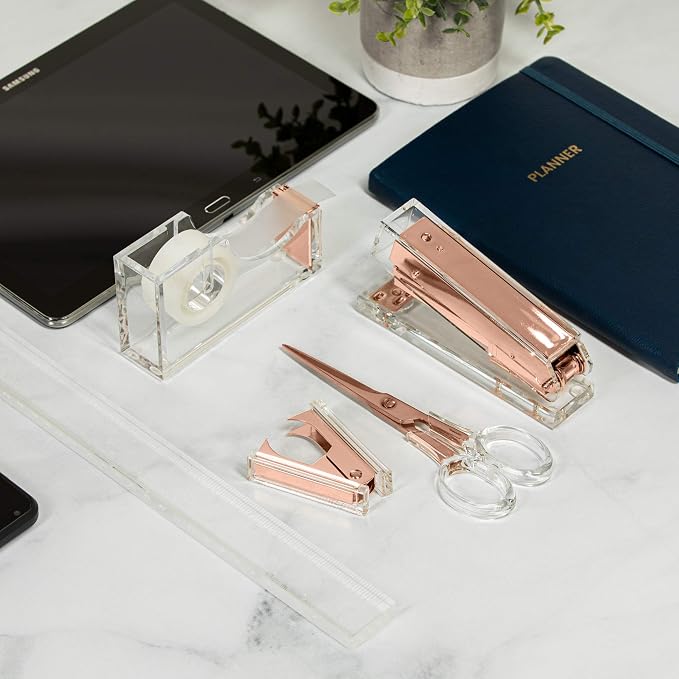 Rose Gold Acrylic Lucite Bundle | Premium Stapler, Tape Dispenser, Scissors, Staple Remover, & Ruler Gift Set | Clear Stationery & Desk Accessories | Modern, High End, Chic, Luxury Office Goods