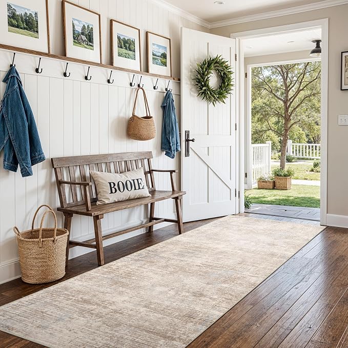 3x8 Hallway Washable Runner Rug - Non-Slip Kitchen Rugs with Rubber Backing Abstract Neutral Low-Pile Carpet Runners for Laundry Room Home Decor Bedroom Bathroom Entryway (Ivory Beige Distressed,3x8)