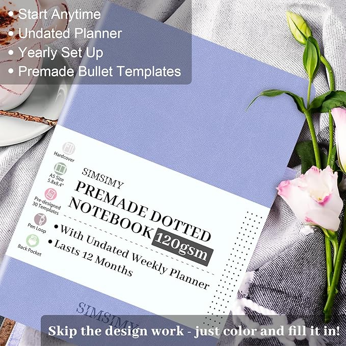 Premade Dotted Journal Notebook with Bullet Templates, Pre-made Dot Grid Journaling with Undated Weekly & Monthly Planner, Various Trackers - 12 Month Organization, A5 Hardcover