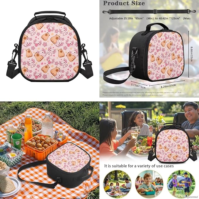 WELLFLYHOM Pink Capybara Axolotl Backpack Set for Girls Ages 8-12 | Full School Set with Insulated Lunch Box, Pencil Case and Water Bottle Holder, Suitable for Elementary and Junior Grades