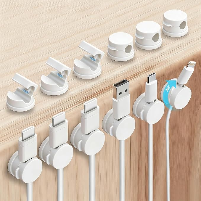 OneLeaf 12 Pack Spring Cable Clips for Phone Charger, One-Hand Cord Holder for Nightstand & Desk, Rotatable Desk Cable Management with Strong Adhesive, White