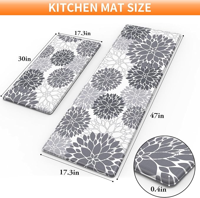 StepLively Kitchen Mats for Floor 2PCS, Anti Fatigue Mats for Kitchen Floor, Kitchen Accessories for Sink, Office, Laundry, 17.3"×30"+17.3"×47", White and Grey