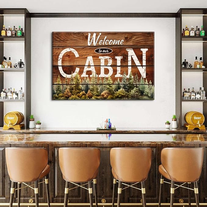 Rustic Cabin Wall Art Brown Woodland Nursery Wall Decor for Living Room Vintage Farmhouse Forest Grain Background Prints Welcome to our Cabin Picture Modern Artwork Bedroom Cave Home Decoration 32x48"