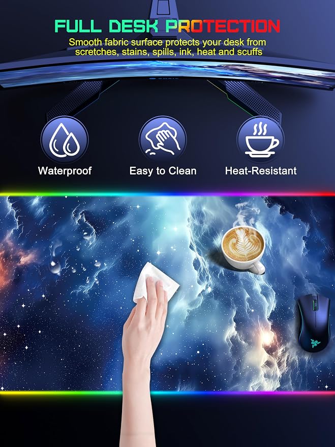Wireless Charging Mouse Pad, RGB Gaming Mousepad Home Office Desk Pad, 31.5” x 15.8” XXL Large Desk Mat, Waterproof Keyboard Pad, Blue Nebula(Includes 20W PD Power Adapter & 6.56ft Woven Cable)
