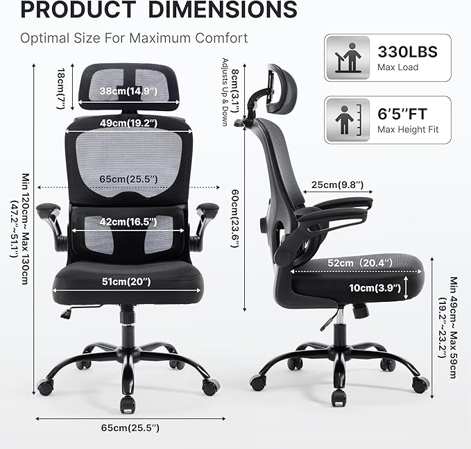 Ergonomic Mesh Office Chair,330LB Capacity High Back Desk Chair with Adjustable Lumbar Support, Adjustable Headrest & Flip-Up Arms,Breathable Computer Chair for Home Office,Work & Study,3pcs