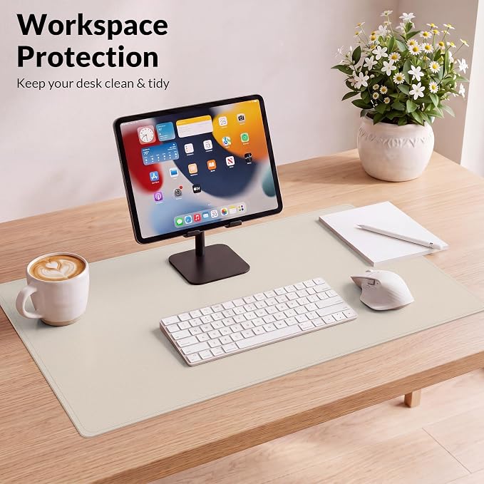 Leather Desk pad Protector, Large Desk mat with Natural Cork & PU Leather,Mouse pad,Non-Slip Office Desk Mat,Waterproof Desk Writing Pad for Office and Home (35in*17in,Beige)