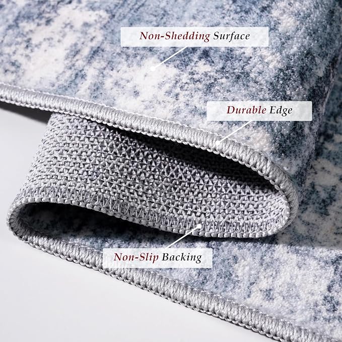 3x6 Kitchen Washable Runner Rug - Non-Slip Hallway Rugs with Rubber Backing Abstract Neutral Low-Pile Carpet Runners for Laundry Room Home Decor Bedroom Bathroom Entryway (Blue Gray,3x6)