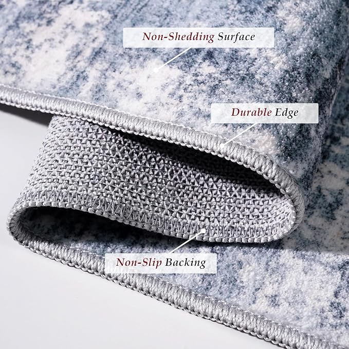 3x14 Hallway Washable Runner Rug - Non-Slip Kitchen Rugs with Rubber Backing Abstract Neutral Low-Pile Carpet Runners for Laundry Room Home Decor Bedroom Bathroom Entryway (Blue Gray,3x14)