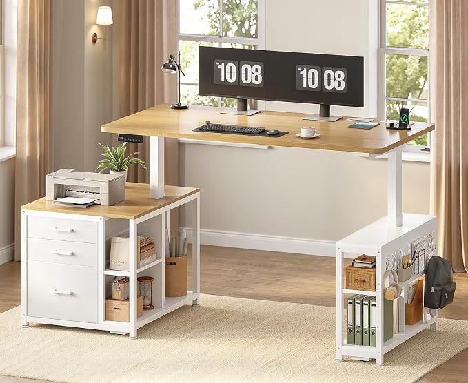 SEDETA 61" Electric Standing Desk with Storage Drawers, Height Adjustable Office Executive Desk with File Drawer, Stand up Computer Desk with Power Outlet for Home Office, Oak