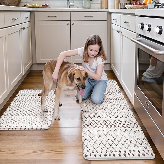 KIMODE Kitchen Mats 2PCS Cushioned Anti Fatigue Boho Kitchen Rugs and Mats Non Slip Waterproof Kitchen Mats for Floor Comfort Foam Standing Desk Mat for Home Office Sink Laundry Brown and White Decor