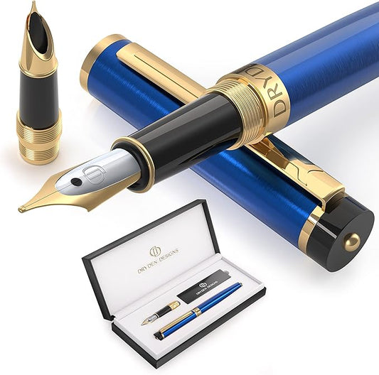 Dryden Designs Fountain Pen - Medium Nib and Fine Nib | Includes Luxury Box, 6 Ink Cartridges - 3 Black 3 Blue and Ink Refill Converter - Mysterious Blue