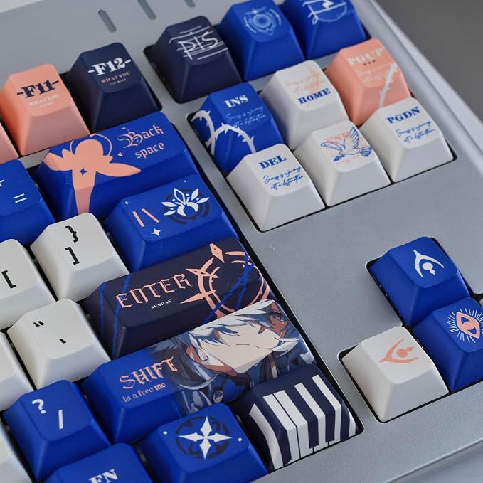 PBT Material Keycaps 130 Keys，Japanese Anime Style Keycaps Cherry Profile Dye Sublimation Keycap Blue White Custom Key Cap Set for Mechanical Keyboard 61/64/75/84/87/104/108 Layout