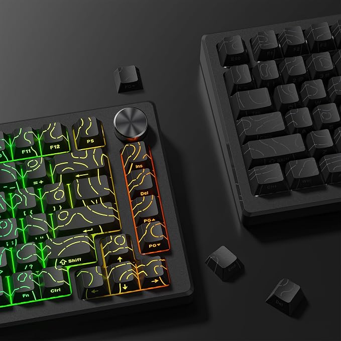 dagaladoo Black Topographic keycaps,Line Backlit Keyboard caps,Shine Through Keycap Side Printed,Cherry Profile keycap Set for 61/64/66/68/71/75/84/87/100 Mechanical Keyboards(134-key)
