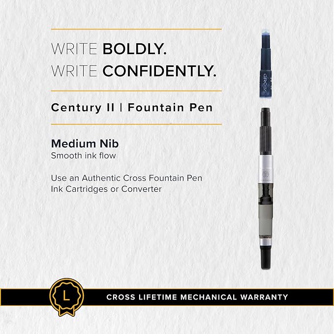 Cross Century II Translucent Blue Lacquer Medium Nib Fountain Pen - Professional Pen for Everyday Use - Smooth Writing - Comfortable Grip - Black Ink - Durable Construction