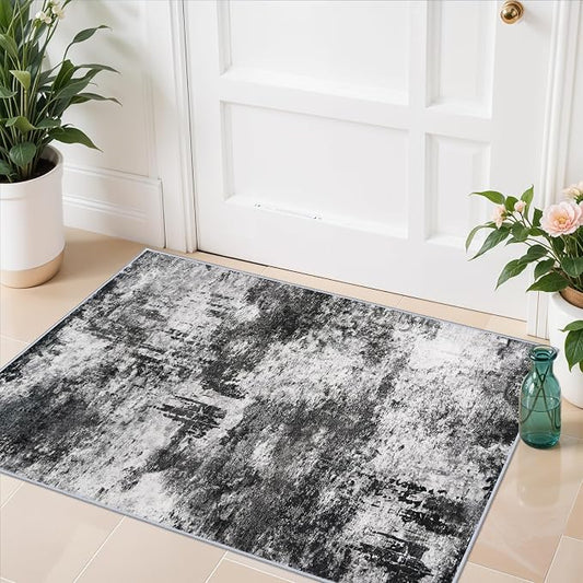 RUUGME 2x3 Abstract Area Rug: Small Washable Entryway Rug Indoor Non Slip Stain Resistant Kitchen Floor Mat for Sink Bathroom - Soft Low Pile Modren Thin Throw Carpet for Home Decor (2x3 Black-White)