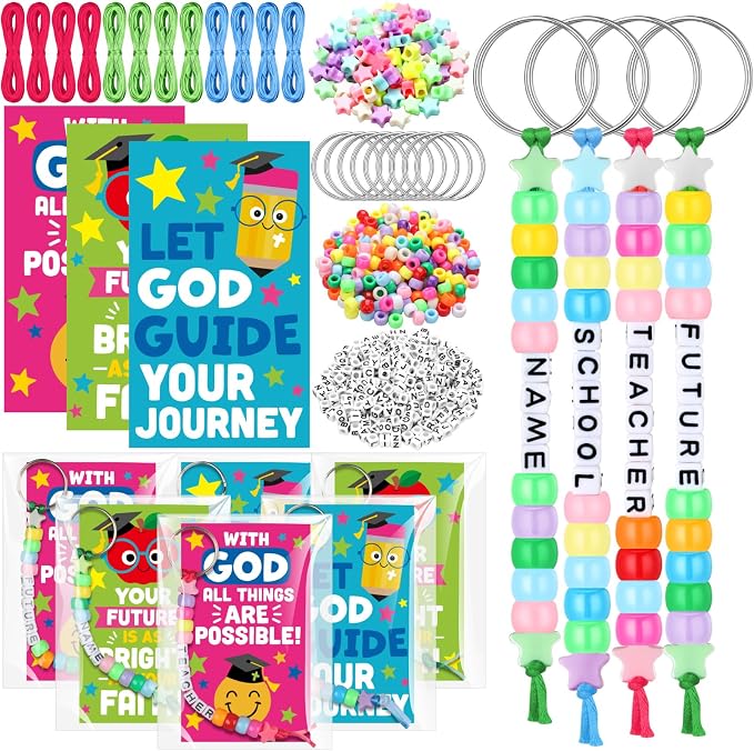 Suncalla 984 Pcs 24 Set Religious Keychain Craft Kit DIY Christian Congrats Back to School Gift Keychain Making Kit Adjustable Bead Letter Beads Cards String for Blessings Party Supply