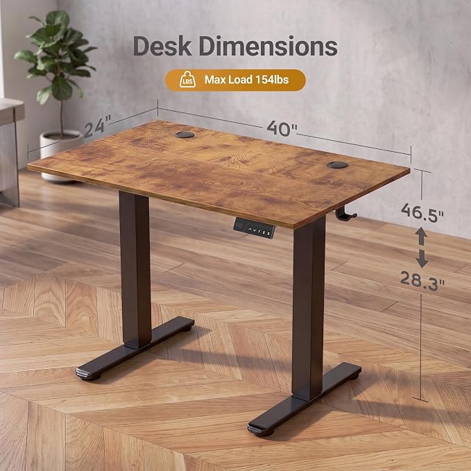 Claiks Electric Standing Desk 40x24 Inch Adjustable Desk, Rustic Brown | 156lbs weight capacity, 3 memory presets, industrial steel frame, cable management hub, adjustable height , easy assembly