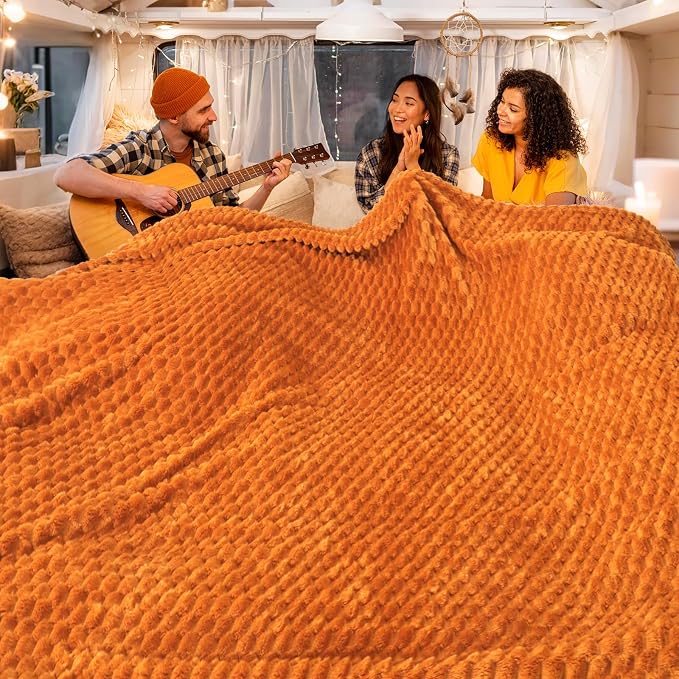 Vessia Flannel Fleece Queen Size Bed Blanket(90x90 inch), 3D Jacquard Burnt Orange Fuzzy and Warm Blanket for Adults, 300GSM Super Soft Touch Cozy Lightweight Home Decor for All-Season