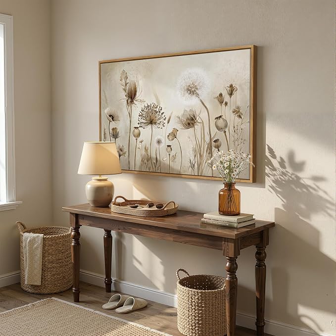Framed Vintage Botanical Floral Wall Art, Neutral Rustic Flower Canvas Artwork for Modern Farmhouse, Minimalist Wildflower Dandelion Painting Prints for Living Room Bedroom Kitchen Dining room, 24x36