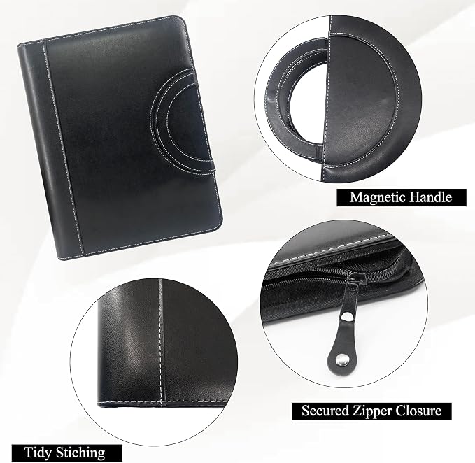 GraduatePro Zippered Portfolio Binder with Handles，Professional Faux Leather Padfolio with 3 Ring Binder (Removable), Storage Pouch for Tablet, Travel Documents for Men and Women.