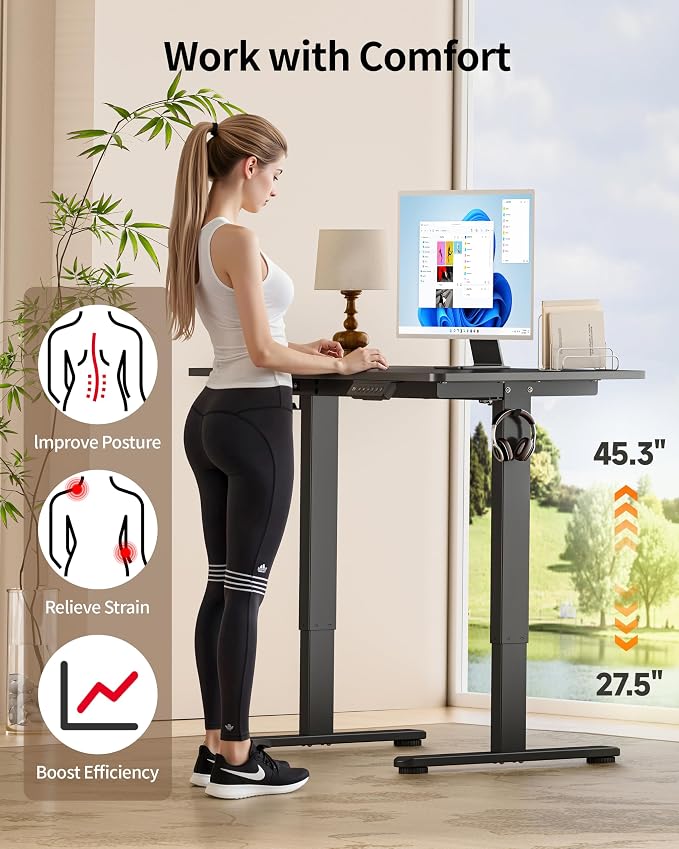 Okin Standing Desk Electric Adjustable Computer Whole Piece Stand up Desk Office Gaming Home Office Memory Desks 48x24 inches Black