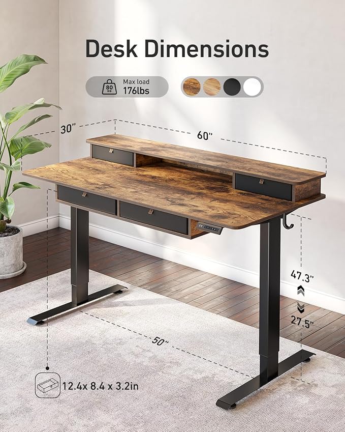 CubiCubi 60" x 30" Standing Desk with Drawers, Height Adjustable Electric Workstation, Computer Sit Stand Up Table with Large Storage Shelf 4 Drawers and 2 Hooks, Rustic Brown