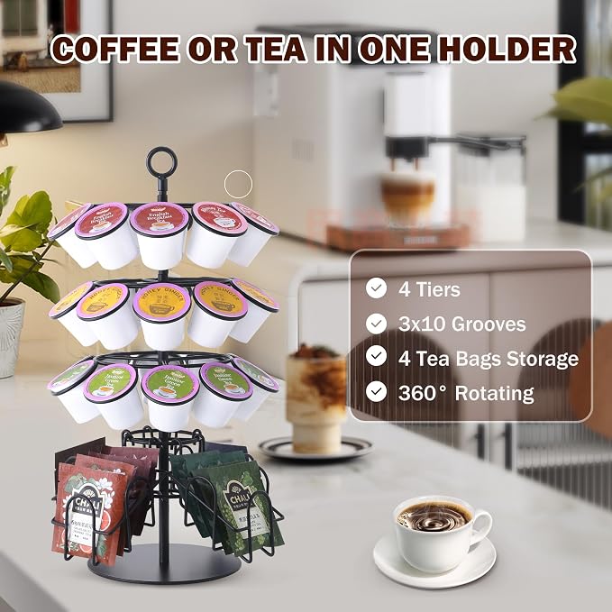 Coffee Pod Holder for Keurig & Tea Bag Organizer, K-Cup Holder Compatible with 36 K-Cups Pods, 60 Tea Bags, Spins 360-Degrees Carousel Stand, Coffee Pod Tea Bag Storage Stand Organizer for Countertop