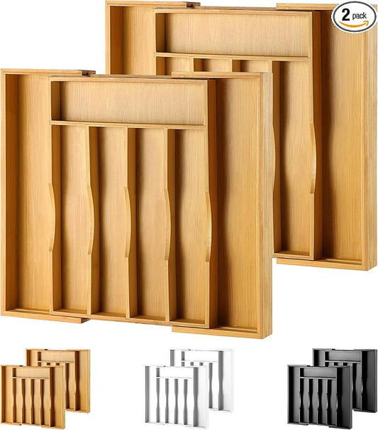 2-Piece Bamboo Silverware Organizer, Expandable Kitchen Drawer Organizer for Cutlery and Utensils, Multifunction Adjustable Bamboo Wood Cutlery Tray in Drawer for Flatware, (Natural)