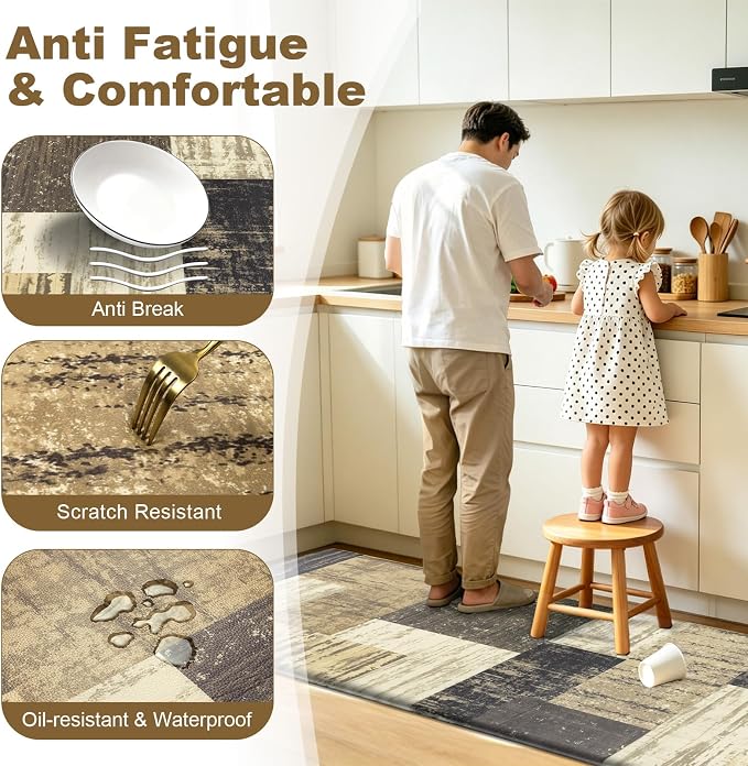 LOKHOM Anti Fatigue Kitchen Mats for Floor, 24x59 Non Slip Modern Cushioned Standing Comfort Kitchen Runner Rug, Waterproof Geometric Patchwork Memory Foam Padded for Sink Laundry Office, Chocolate