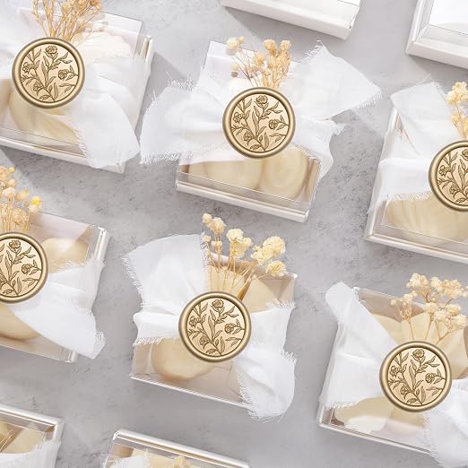 UNIQOOO Wax Seal Stickers - 3D Floral Wedding Invitation Envelope Seal Sticker, 50 Pcs Self- Adhesive Prosecco Metallic Light Gold Flower Stickers, Perfect for Invitation, Christmas, Gift Wrapping