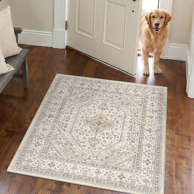 Washable 3x3 Square Entry Rug - Non Slip Throw Rug with Rubber Backing for Living Room Soft Vintage Indoor Carpet for Bedroom Low Pile Stain Resistant Floor Mat for Bathroom Home Decor Beige/Gray
