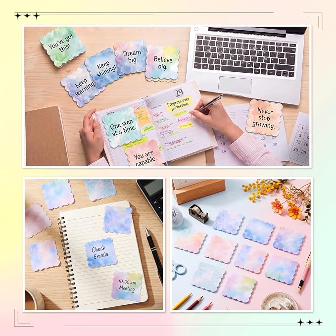 9 Pcs Scalloped Aesthetic Sticky Notes 3x3 Inch Vintage Colors Cute Wavy Self Sticky Note Pads Memo Pads for Journal School Office Supplies Decoupage Craft Stationery Gift(Watercolor)