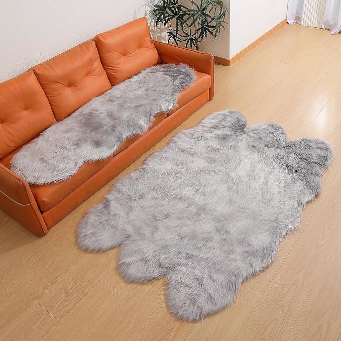 linmopm Faux Fur Sheepskin Rug, Grey, 2x6 ft Runner | Shag Fluffy Fuzzy, High-Density Cushion, For Bedroom Bedside Living Room, Plush Carpet, Sofa Cover