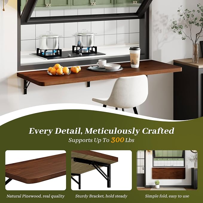 Dogsky Floating Wall Desk, 48" x 16" Wall Mounted Folding Table, Pine Wood Fold Down Wall Table, 300 lb Capacity Wall Mount Desk for Small Apartment, Laundry Room,Kitchen,Bar & Computer Use, Walnut