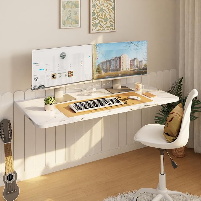 IAE Wall Mounted Floating Foldable Desk, 36" x 22" Folding Computer Workstation Table with Engineered Wood and Metal Shelf Brackets,Fold&Floating Design for Home Office, Apartment,Laundry Room, White