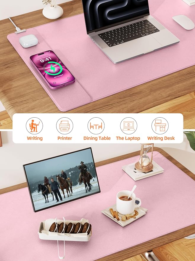 TopMade Mouse Pad with 15W Wireless Charging, XXL Large Leather Desk Mat, Waterproof Gaming Mousepad Home Office Desk Pad Protector, Pink (Includes 20W PD Power Adapter & 6.56ft Woven Cable)