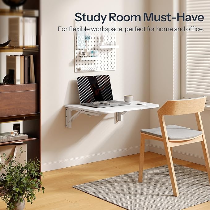 HOOBRO Folding Table, Wall Mounted Desk, Floating Wall Desk with Iron Bracket, Drop Leaf Table for Small Spaces, for Kitchen, Laundry Room, Home, Office, White WT054BZ01