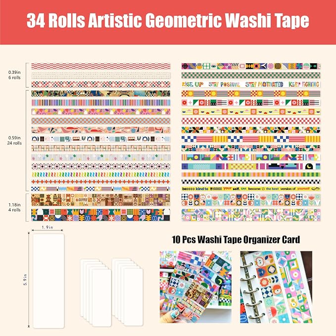 Bomichi Washi Tape Set - 34 Rolls Modern Geometric Pattern Washi Tape for Bullet Journaling, Scrapbooking, Planner Borders, DIY Collage Supplies,Gift Wrapping, School Supplies