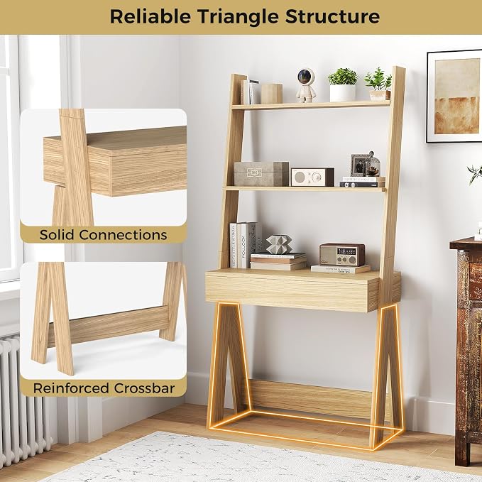 Tangkula Ladder Desk with Countertop & Drawer, Home Office Computer Laptop Table with Open Shelves & Anti-Tip Kits, Wall-Leaning Compact Working Station for Small Spaces (Natural)
