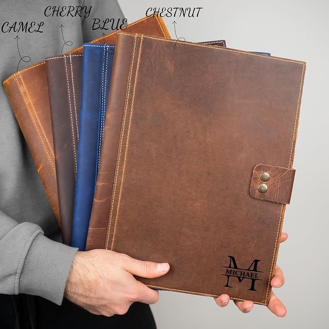 Personalized Leather Portfolio, Leather Notebook, Portfolio Folder, A4 Notepad for Women Men Gift Cherry (12.5 x 9.5 inches)