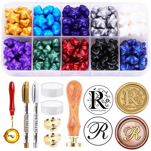 Letter R Wax Seal Kits, 200pcs Assorted Beads and 2pcs Initial Alphabet R Wax Seal Stamp for Wedding Invitations Gift Wraps Envelopes and Christmas Cards (Alphabet R Kit)