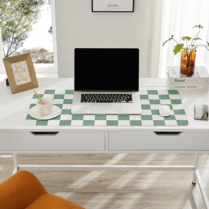 Checkered Desk Mat, Large Cute Aesthetic Retro PU Leather Computer Laptop Desk Mat, Non-Slip Waterproof Mouse Keyboard Pad, Desk Writing Mat for Work/Home (Sage, 23.6" x 13.7")