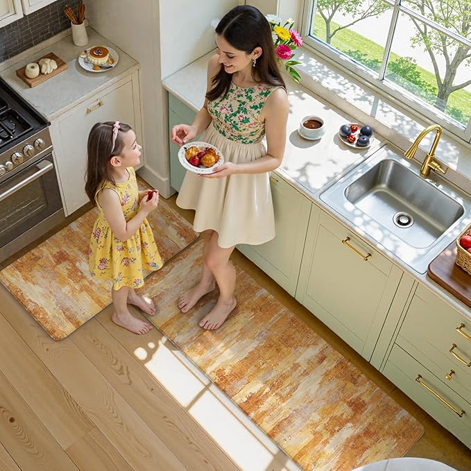Collive Kitchen Mats for Floor 2PCS, Fall Abstract Cushioned Anti Fatigue Mat Non Slip Waterproof Kitchens Sink Rug, Orange Modern Comfort Standing Mat for Desk, Bar, Home Decor, 17"x47"+17"x29"