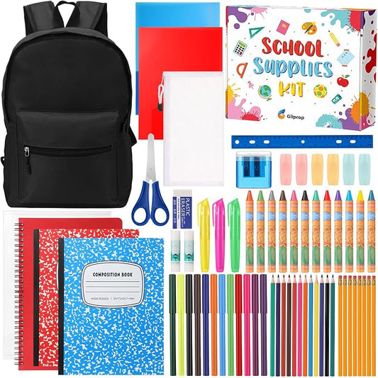 Gilprop 79 Pcs Back to School Supplies Box for Kids K-5 Students Elementary Middle School Supplies Kit Bundle Bulk Essential Pen Notebook Stationery for Primary Student Classroom(Black)