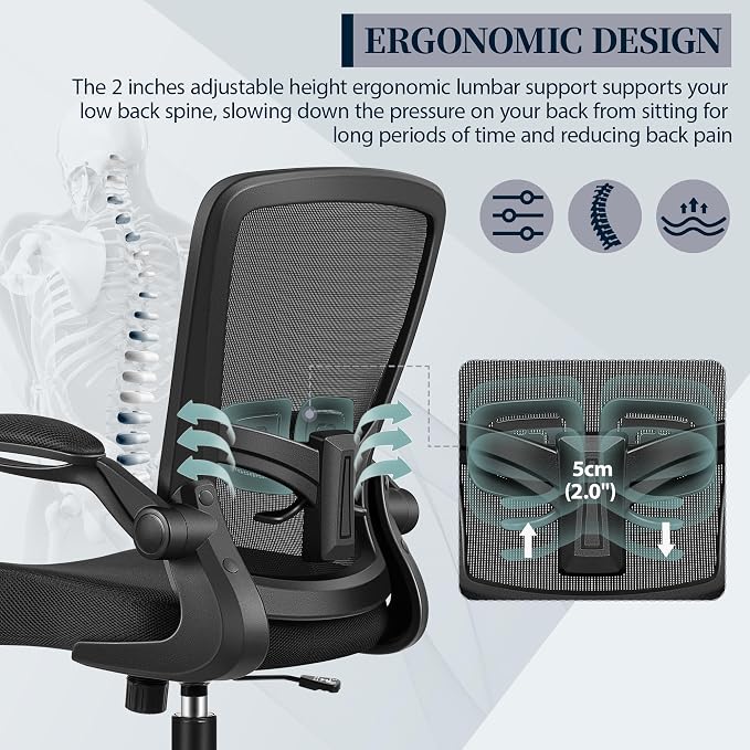 FelixKing Office Chair, Ergonomic Comfy Desk Chair with Flip-up Armrests | Adjustable Height, 360° Swivel, Flexible Tilt, Breathable Cushion and Fabric, Lumbar Support for Home Conference Room Office